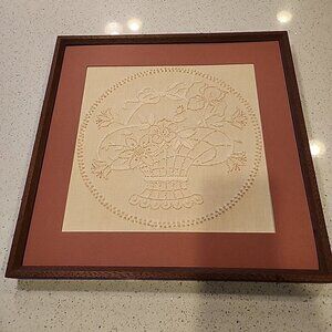 Vintage Wood Framed Floral Embroidery 17x17 No Glass